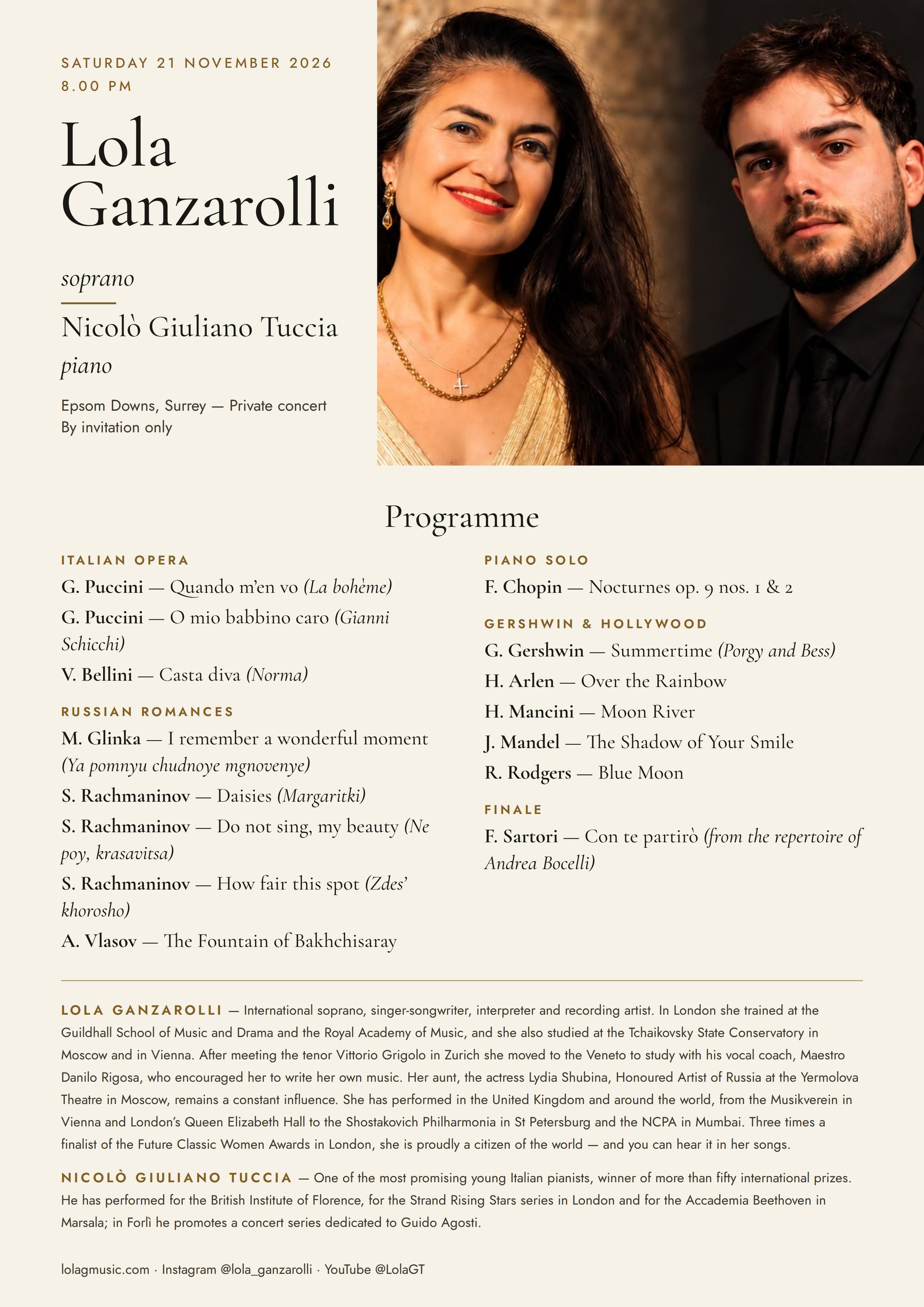 Concert poster with programme — Lola Ganzarolli, soprano, and Nicolò Giuliano Tuccia, piano · private concert at Epsom Downs, 21 November 2026